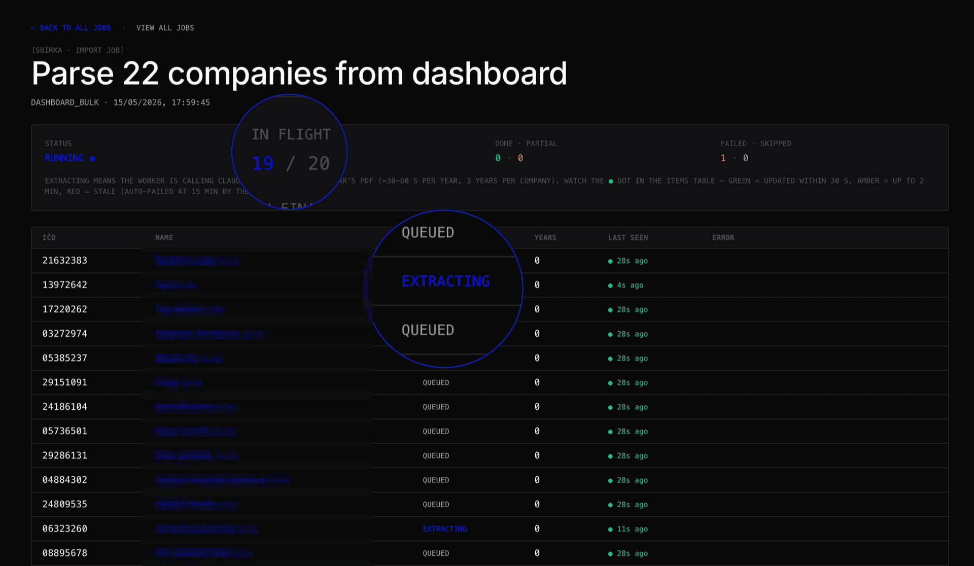 Scout — Bulk parse jobs page showing 19 of 20 companies in flight.